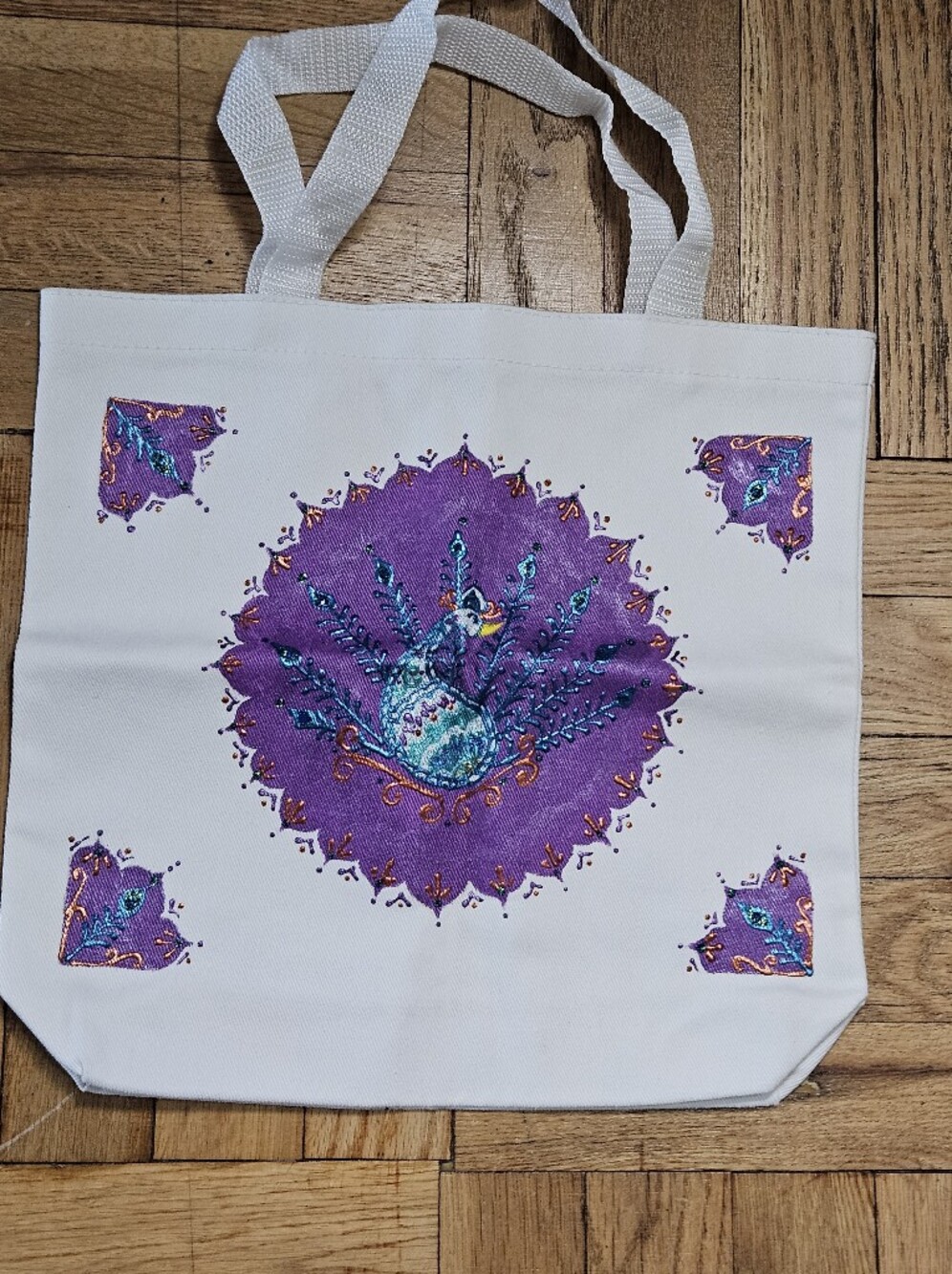 2 Piece Set Hand Painted Peacock & Elephant Accent Tote Bag  Bundle